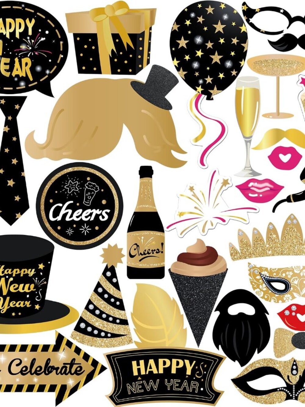 Glitter New Years Photo Booth Props 2026, Pack of 30